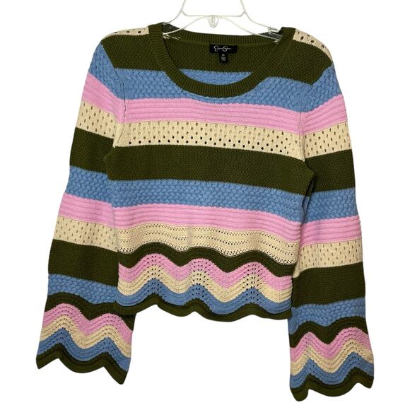 Jessica Simpson Sweater Sz XS Multicolor Striped Knit Retro Bell Sleeve Pullover - Picture 2 of 8